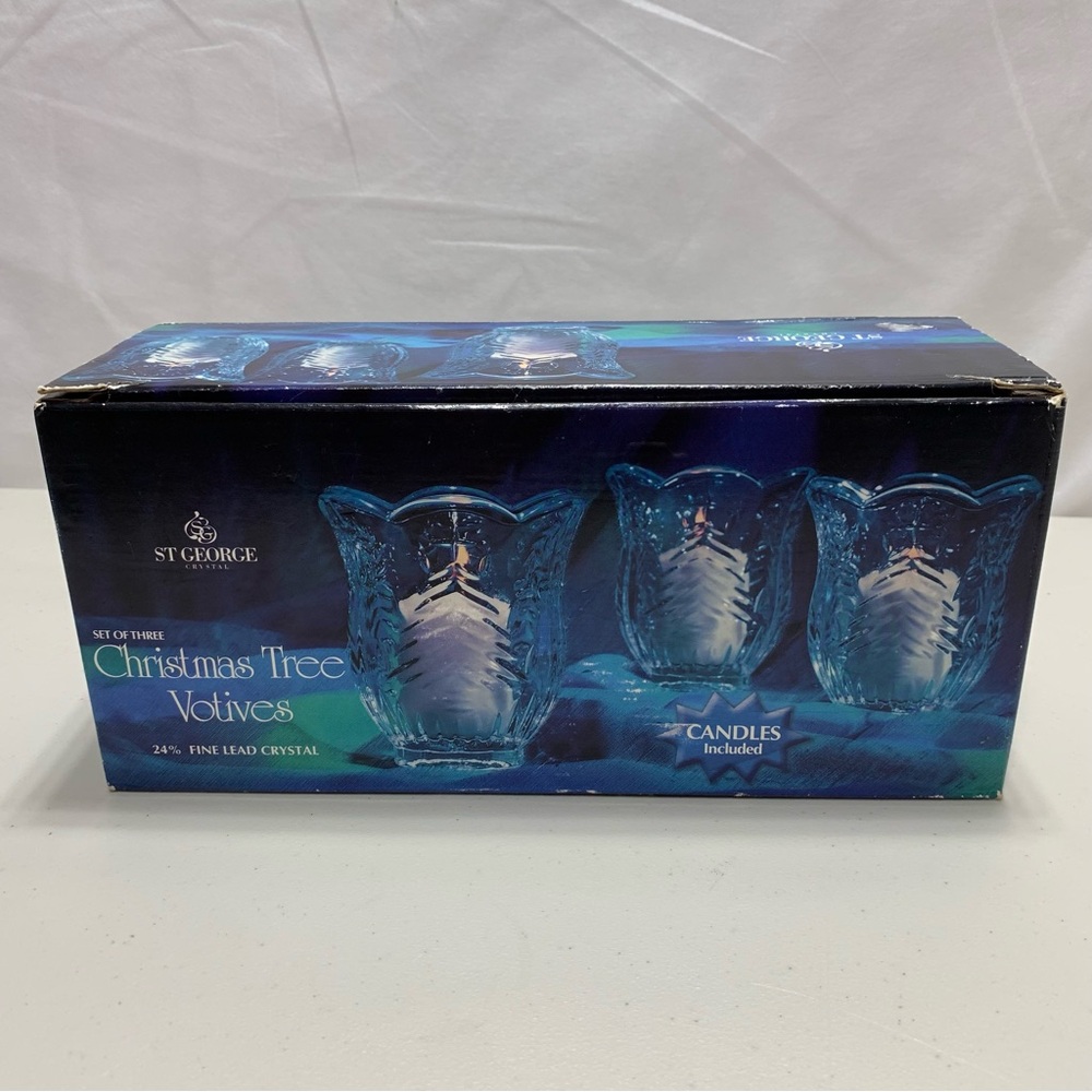 ST GEORGE CRYSTAL Set of 3 Christmas Tree Votives 24% Fine Lead Crystal & Candle